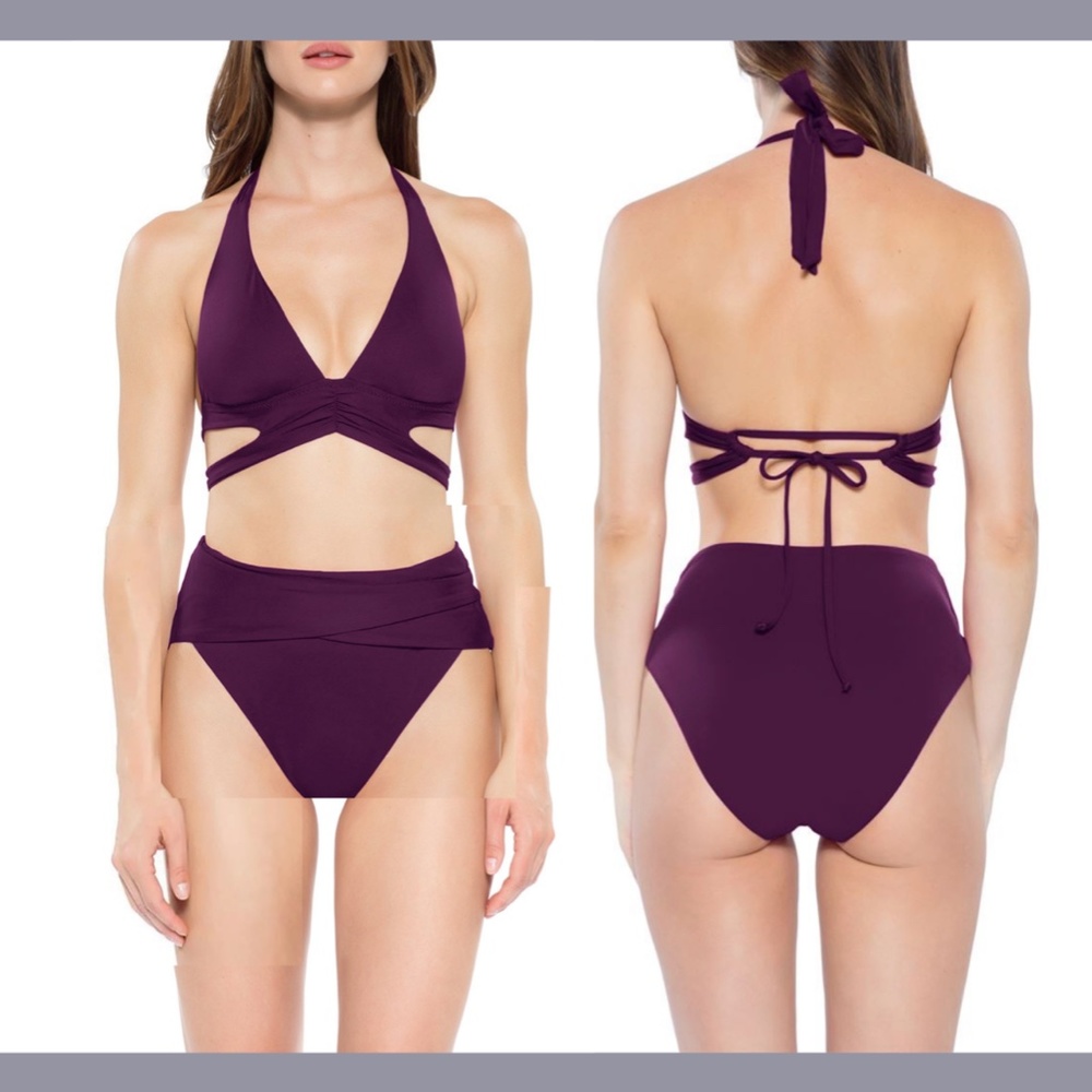 NEW Becca Color Code Split Bikini Top + High‎ Waist Bottoms [ Small ] Merlot